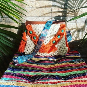 Boho μακραμέ τσάντα, 27x23εκ. - νήμα, ώμου, χιαστί, δερματίνη, πλεκτές τσάντες