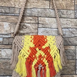 Boho μακραμέ τσάντα και σκουλαρίκια στα ίδια χρώματα, 26x24εκ - νήμα, ώμου, χιαστί, πλεκτές τσάντες