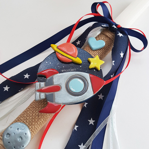 Λαμπάδα με χειροποίητα πήλινα στολίδια "Διάστημα" (37cm) - αγόρι, λαμπάδες, διάστημα, για παιδιά - 2