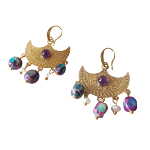 Boho σκουλαρίκια chandelier με αμέθυστο, μαργαριτάρια και μωβ-τυρκουάζ ίασπη - ημιπολύτιμες πέτρες, μαργαριτάρι, αμέθυστος, κρεμαστά