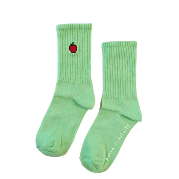 Μονόχρωμες ανοιχτό πράσινο unisex κάλτσες με κεντημένο μήλο (36-44) - βαμβάκι, κεντητά, unisex