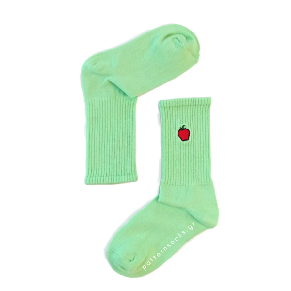 Μονόχρωμες ανοιχτό πράσινο unisex κάλτσες με κεντημένο μήλο (36-44) - βαμβάκι, κεντητά, unisex - 2
