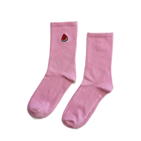 Μονόχρωμες απαλο ροζ unisex κάλτσες με κεντημένο καρπούζι (36-44) - βαμβάκι, κεντητά, unisex