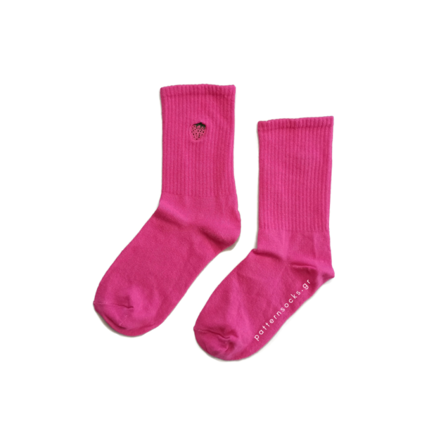 Μονόχρωμες ροζ unisex κάλτσες με κεντημένη φράουλα (36-44) - βαμβάκι, κεντητά, unisex
