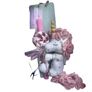 Σετ δώρου Πασχαλινή αρωματική λαμπάδα ροζ 34 cm με μονόκερο πάνινο βαμβακερό κουκλάκι 33cm παστέλ-γαλάζιο με μαλλιά ροζ-πούδρα - κορίτσι, λαμπάδες, σετ, μονόκερος, για παιδιά - 2