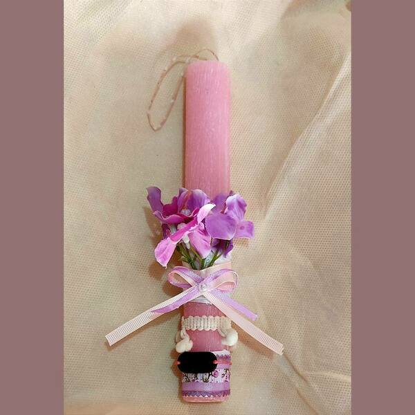 Ροζ αρωματική ξυστή στρογγυλή λαμπάδα 20εκ φούξια λουλούδια - κορίτσι, λαμπάδες, για ενήλικες, για εφήβους - 2