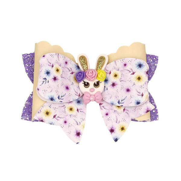 Παιδικό Κλιπ Μαλλιών Κουνελάκι με λουλούδια από δερματίνη και μοβ ύφασμα glitter 10 x 6 - κορίτσι, για παιδιά, κουνελάκι, αξεσουάρ μαλλιών, ζωάκια