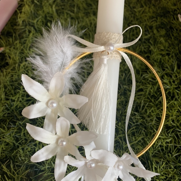 Λαμπαδα κρίκος χρυσός με λουλουδια και φτερο - κορίτσι, λουλούδια, για ενήλικες - 3