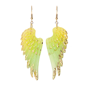 "Uranium Wings" - Σκουλαρίκια Πράσινα κίτρινα φτερά από υγρό γυαλί και φύλλο χρυσού - γυαλί, φτερό, ατσάλι, κρεμαστά, γάντζος