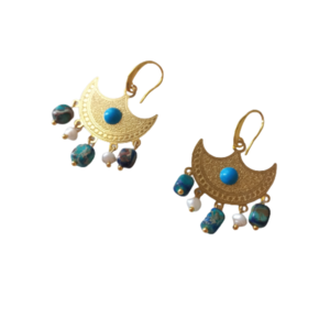 Boho chandelier σκουλαρίκια με φυσικό τυρκουάζ, μαργαριτάρια και μπλε-τυρκουάζ ίασπη - μαργαριτάρι, επιχρυσωμένα, ορείχαλκος