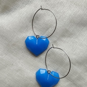 Κρίκοι με μπλε καρδιές από υγρό γυαλί - γυαλί, καρδιά, ατσάλι, μεγάλα - 2