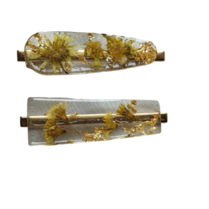 Hair Clips 2 ΤΜΧ με αποξηραμένα λουλούδια και φύλλα χρυσού - γυαλί, μέταλλο, για τα μαλλιά, hair clips