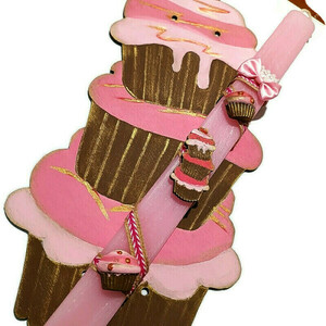 Πασχαλινή λαμπάδα cupcakes με ξύλινη πλάτη - κορίτσι, λαμπάδες, για παιδιά, για εφήβους - 3