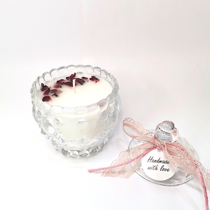 Χειροποίητο κερί σόγιας 200ml με αποξηραμένα άνθη σε γυάλινη μικρή φοντανιέρα σε άρωμα της επιλογής σας - αρωματικά κεριά