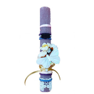 Στρογγυλή ξυστή αρωματική λαμπάδα 20εκ με άσπρη πεταλούδα - λαμπάδες, κορίτσι, πεταλούδα, λουλούδια