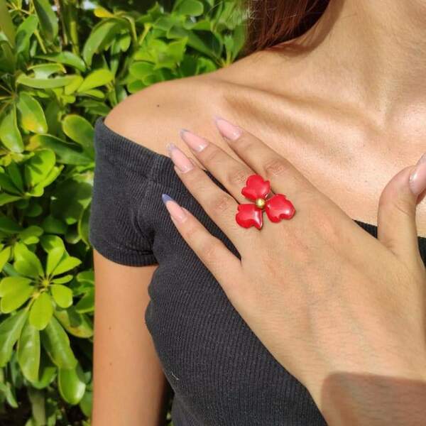 Δαχτυλίδι από ορείχαλκο με κόκκινο σμάλτο σχέδιο λουλούδι - ορείχαλκος, αυξομειούμενα - 3