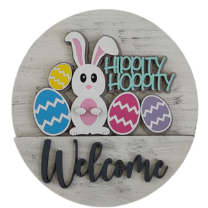 Ξύλινη λευκή πινακίδα Καλωσορίσματος, Easter Bunny 28cm - πίνακες & κάδρα, χειροποίητα, πασχαλινά αυγά διακοσμητικά