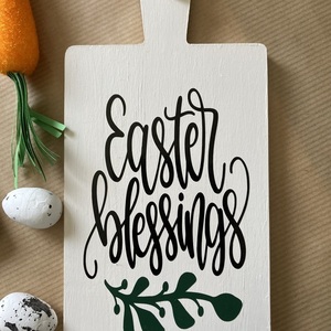 Διακοσμητικος ξυλινος ασπρος δισκος κοπης "Easter blessings", διαστ. 10,5 x 20,5 - διακοσμητικά, πασχαλινά δώρα, διακοσμητικό πασχαλινό - 3