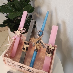 Πασχαλινή Λαμπάδα ροζ με ξύλινες πεταλούδες και κορδέλα με δαντέλα 30cm - κορίτσι, λαμπάδες, για ενήλικες, ζωάκια - 3