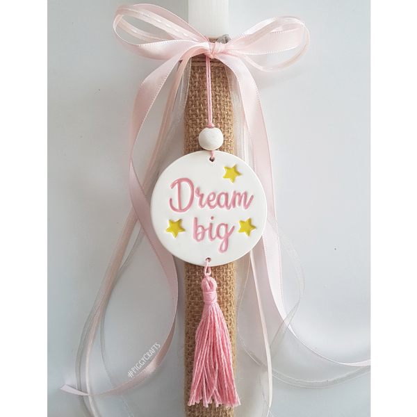 Λαμπάδα με χειροποίητο πήλινο στολίδι "Dream Big" (37cm) - Ροζ - κορίτσι, λαμπάδες, πηλός - 4