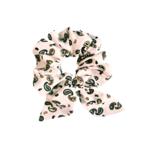Scrunchie λευκό με πράσινες λεπτομέρειες - ύφασμα, λαστιχάκια μαλλιών