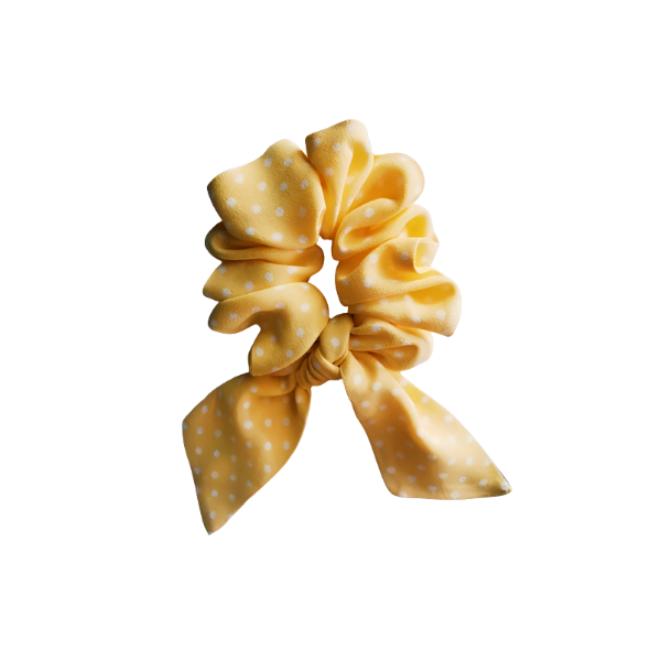 Scrunchie κίτρινο με λευκό πουά - ύφασμα, λαστιχάκια μαλλιών