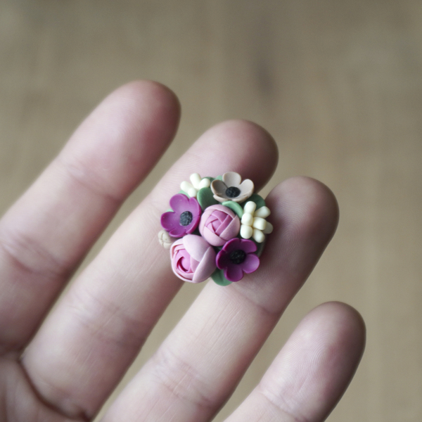 Δαχτυλίδι με λουλουδάτο μπουκέτο από πολυμερικό πηλό - πηλός, λουλούδι, αυξομειούμενα, ανοιξιάτικα λουλούδια - 4