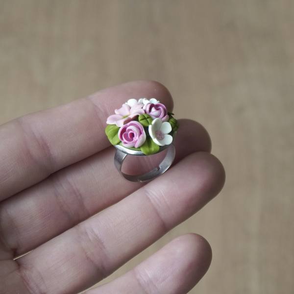 Δαχτυλίδι με λουλουδάτο μπουκέτο από πολυμερικό πηλό ΙΙ - πηλός, λουλούδι, αυξομειούμενα, ανοιξιάτικα λουλούδια - 2