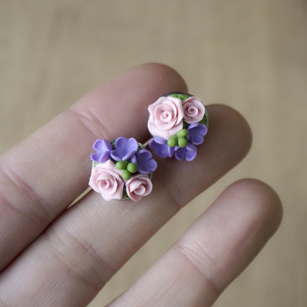 Σκουλαρίκια καρφωτά μικρά μπουκέτα - πηλός, λουλούδι, καρφωτά, ανοιξιάτικα λουλούδια - 3