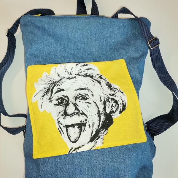 Backpack jean, με εξωτερική τσέπη που κοσμεί ο Einstein, με ρυθμιζόμενους ιμάντες, 45x35 εκ. - ύφασμα, πλάτης, all day, πάνινες τσάντες