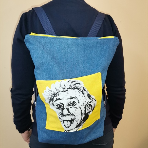 Backpack jean, με εξωτερική τσέπη που κοσμεί ο Einstein, με ρυθμιζόμενους ιμάντες, 45x35 εκ. - ύφασμα, πλάτης, all day, πάνινες τσάντες - 4