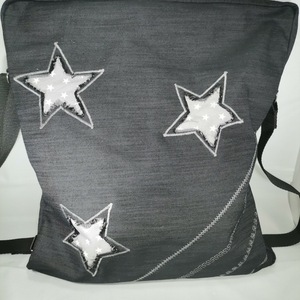 Τσάντα χιαστί , χειροποίητη jean με patchwork γκρι αστέρια, 45x35 εκ. - ύφασμα, χιαστί, all day, πάνινες τσάντες
