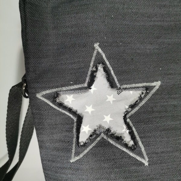 Τσάντα χιαστί , χειροποίητη jean με patchwork γκρι αστέρια, 45x35 εκ. - ύφασμα, χιαστί, all day, πάνινες τσάντες - 2