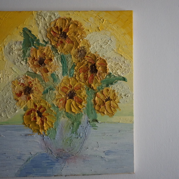 Ανθοδοχείο με Πορτοκαλί Λουλούδια σε κιτρινο και γαλαζιο φοντο Νο4 - Λάδι σε καμβά 50*60 εκατοστά - πίνακες & κάδρα, καμβάς, πίνακες ζωγραφικής - 5
