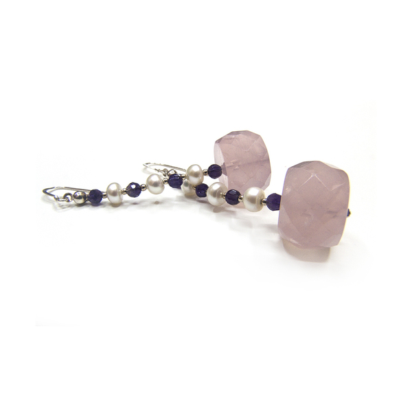 Μακριά σσκουλαρίκια με ροζ quartz, αμέθυστους, μαργαριτάρια & ασήμι 925 - ημιπολύτιμες πέτρες, μαργαριτάρι, ασήμι 925, κρεμαστά, μεγάλα