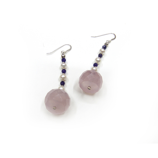 Μακριά σσκουλαρίκια με ροζ quartz, αμέθυστους, μαργαριτάρια & ασήμι 925 - ημιπολύτιμες πέτρες, μαργαριτάρι, ασήμι 925, κρεμαστά, μεγάλα - 3