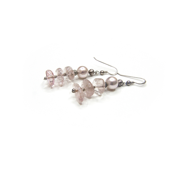 Σκουλαρίκια με ροζ quartz, πέρλες & ασήμι 925 - ημιπολύτιμες πέτρες, ασήμι 925, κρεμαστά, γάντζος