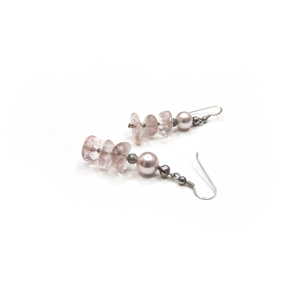 Σκουλαρίκια με ροζ quartz, πέρλες & ασήμι 925 - ημιπολύτιμες πέτρες, ασήμι 925, κρεμαστά, γάντζος - 2