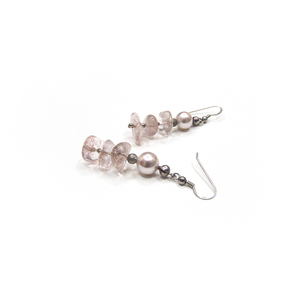 Σκουλαρίκια με ροζ quartz, πέρλες & ασήμι 925 - ημιπολύτιμες πέτρες, ασήμι 925, κρεμαστά, γάντζος - 2