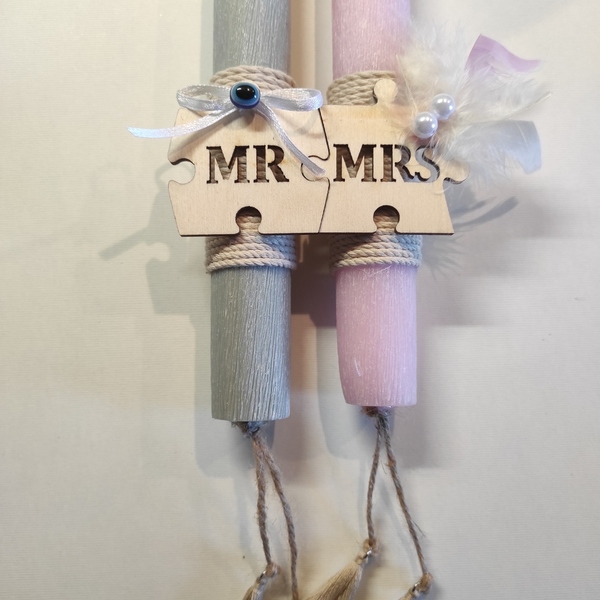 Πασχαλινή λαμπάδα Mr & Mrs (στρογγυλό κερί) - λαμπάδες, mr & mrs, ζευγάρια - 2