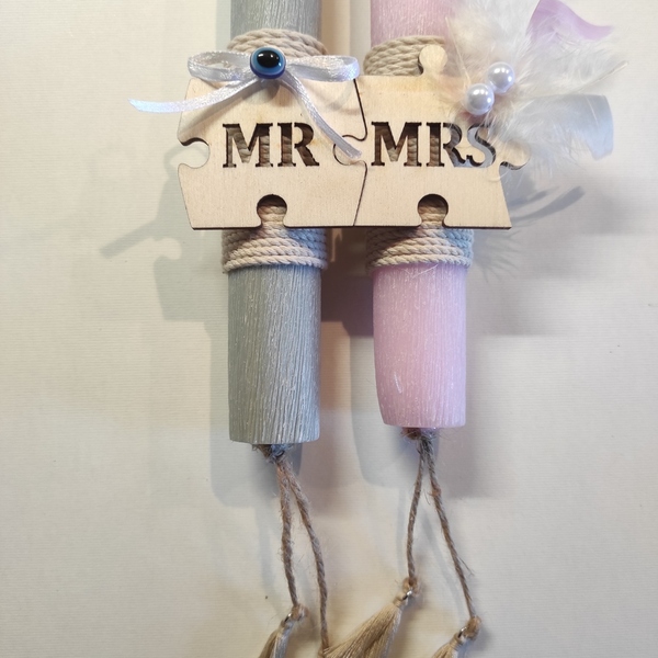 Πασχαλινή λαμπάδα Mr & Mrs (στρογγυλό κερί) - λαμπάδες, mr & mrs, ζευγάρια - 3