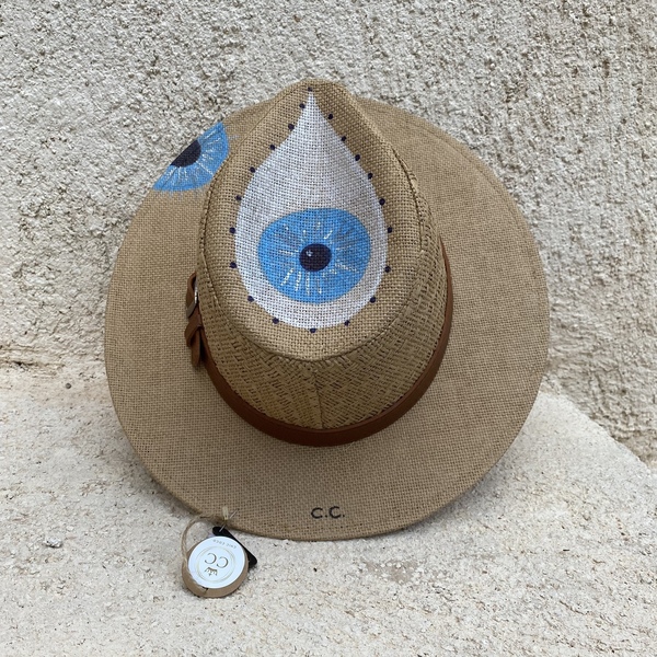 Ψάθινο καπέλο Panama eyes - ζωγραφισμένα στο χέρι, απαραίτητα καλοκαιρινά αξεσουάρ, ψάθινα - 2