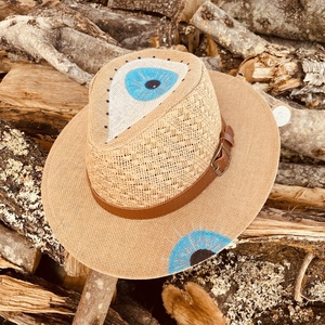 Ψάθινο καπέλο Panama eyes - ζωγραφισμένα στο χέρι, απαραίτητα καλοκαιρινά αξεσουάρ, ψάθινα - 3