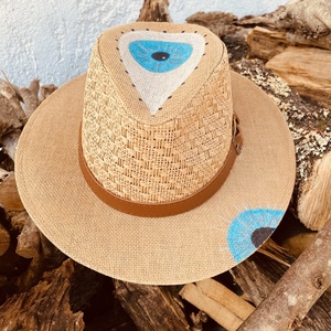 Ψάθινο καπέλο Panama eyes - ζωγραφισμένα στο χέρι, απαραίτητα καλοκαιρινά αξεσουάρ, ψάθινα - 4