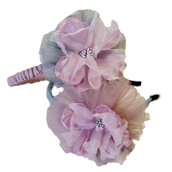 Παιδική Στέκα με φρουφρού από τούλι και ροζ-σικλαμέν λουλούδι από ύφασμα διάμ, 9 εκ - δώρο, λουλούδια, στέκες μαλλιών παιδικές, αξεσουάρ μαλλιών, στέκες - 2