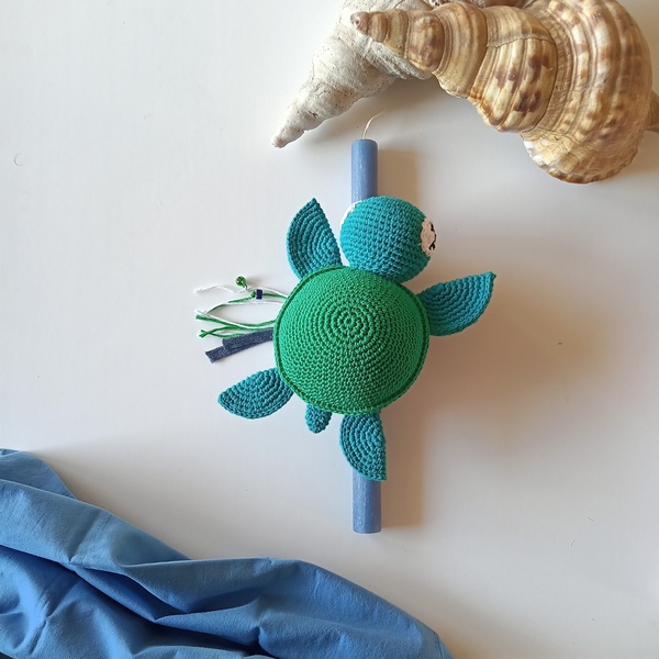 Λαμπάδα με κρεμαστή πλεκτή Χελώνα - Μπλε 30cm - κορίτσι, λαμπάδες, χελώνα, για παιδιά, για μωρά - 2