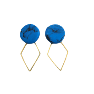 Καρφωτά σκουλαρίκια μπλε με μεταλλικό ρόμβο - πηλός, καρφωτά, μικρά, ατσάλι, καρφάκι