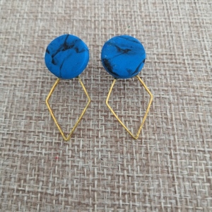 Καρφωτά σκουλαρίκια μπλε με μεταλλικό ρόμβο - πηλός, καρφωτά, μικρά, ατσάλι, καρφάκι - 2