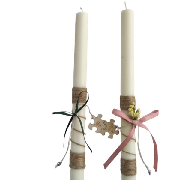 Σετ λαμπάδες Α' για ζευγάρι με ξύλινο πάζλ, από φυτικό κερί σε λευκό χρώμα 200γρ - λαμπάδες, ζευγάρια