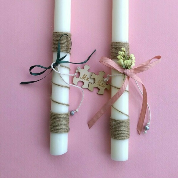Σετ λαμπάδες Α' για ζευγάρι με ξύλινο πάζλ, από φυτικό κερί σε λευκό χρώμα 200γρ - λαμπάδες, ζευγάρια - 3